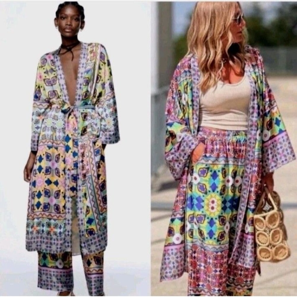 Zara Kimono Robe XS Wild Print Patchwork Midi Open Front with Tie Satin Lining - Picture 8 of 16
